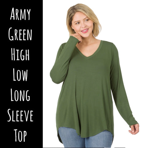 Army Green High Low Long Sleeve Top - S, M, 3x