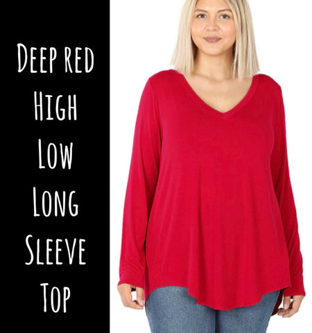 Deep Red High Low Long Sleeve Top