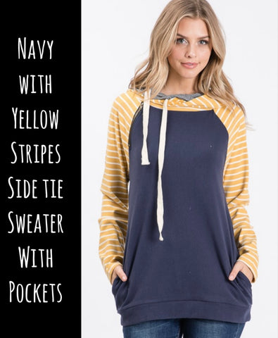 Navy With Yellow Stripes Side Tie Sweater With Pockets - Small