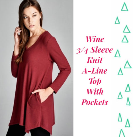 Wine 3/4 Sleeve Knit A-Line Top with Pockets  - S