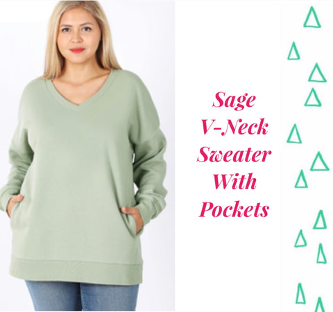 Sage V-Neck Sweater with Pockets