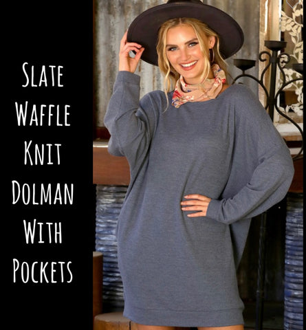 Slate Waffle Knit Dolman With Pockets -S