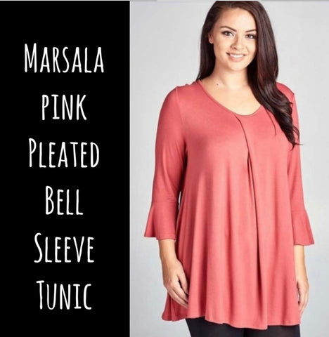 Marsala Pink Pleated Bell Sleeve Tunic - S, M, L