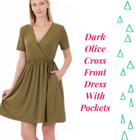 Dark Olive Cross Front Dress With Pockets