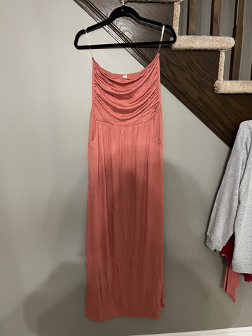 122- rose strapless maxi dress with pockets - M