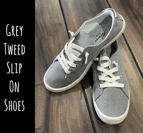 Grey Tweed Slip On Shoes