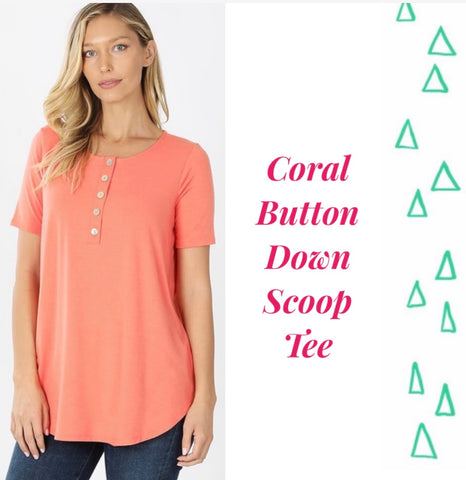 Coral Button Down Scoop Tee