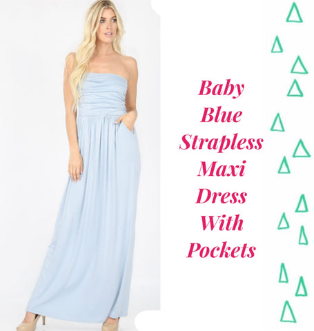 Baby Blue Strapless Maxi Dress With Pockets