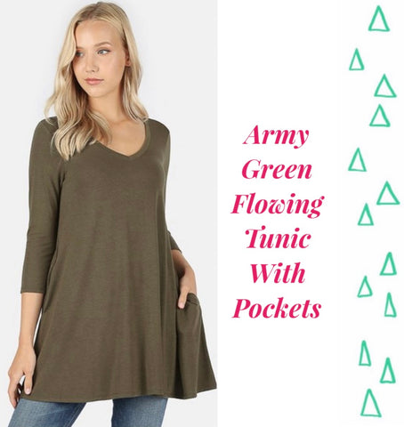 Army Green Flowing Tunic with Pockets - Small