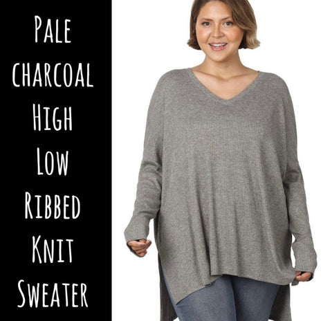 Pale Charcoal High Low Ribbed Knit Sweater