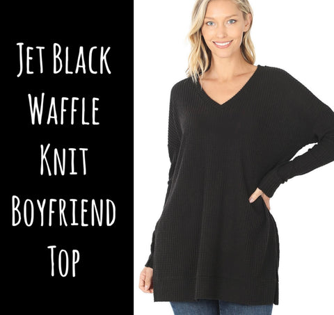 Black Waffle Knit Boyfriend Top