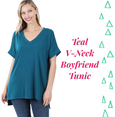 Teal V-Neck Boyfriend Tunic L