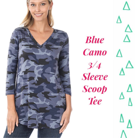 Blue Camo 3/4 Sleeve Scoop Tee