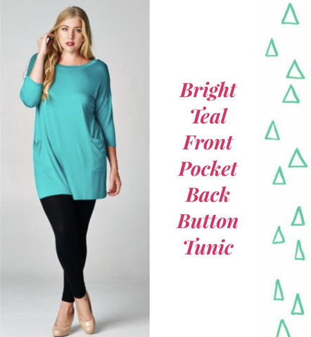 Bright Teal Front Pocket Back Button Tunic 2x