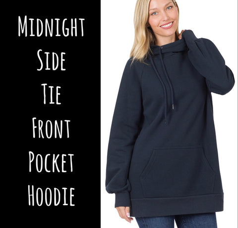 Midnight Side Tie Front Pocket Hoodie