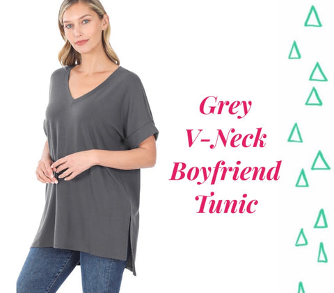 Grey V-Neck Boyfriend Tunic L