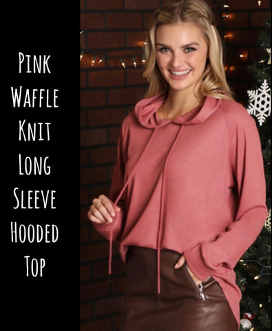 Pink Waffle Knit Long Sleeve Hooded Top M