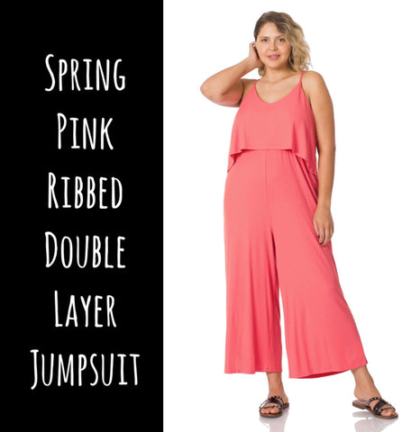 Spring Pink Ribbed Double Layer Jumpsuit - S, M, L, XL, 1x, 2x, 3x