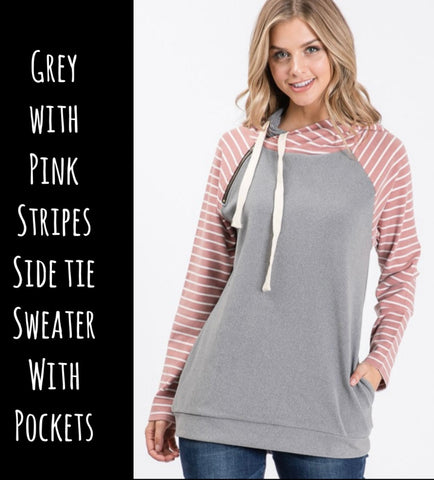 Grey With Pink Stripes Side Tie Sweater With Pockets - Small