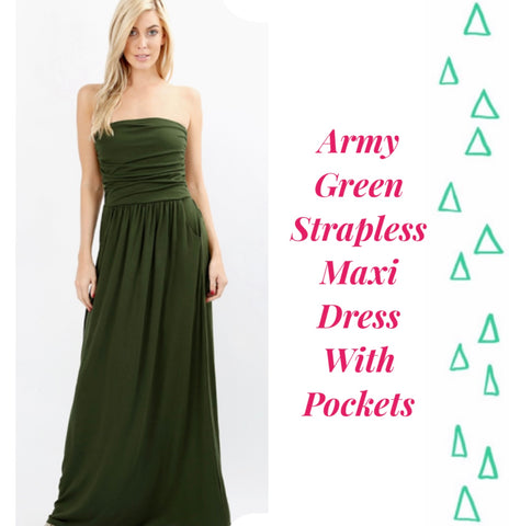 Army Green Strapless Maxi Dress With Pockets