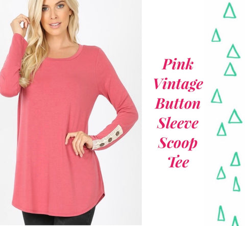 Pink Vintage Button Sleeve Scoop Tee