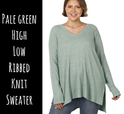 Pale Green High Low Ribbed Knit Sweater