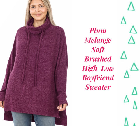 Plum Melange Soft Brushed High Low Boyfriend Sweater