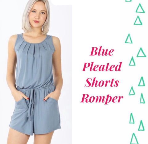 Blue Pleated Shorts Romper