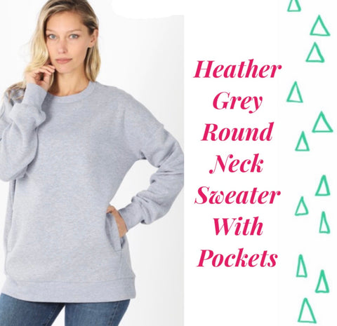 Heather Grey Round Neck Sweater with Pockets
