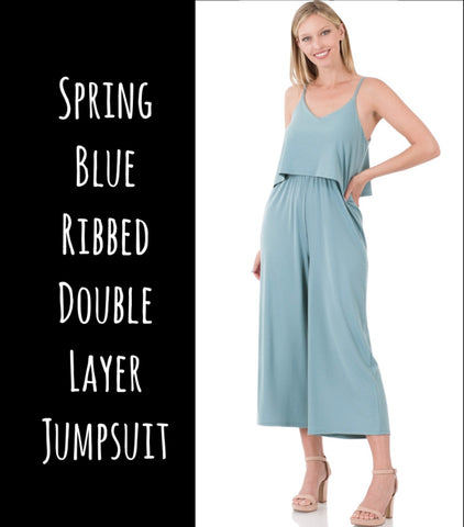 Spring Blue Ribbed Double Layer Jumpsuit - S, XL, 2x, 3x