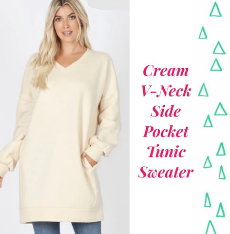 Cream V-Neck Side Pocket Tunic Sweater