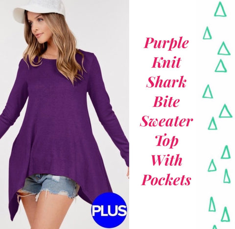 Purple Knit Shark Bite Sweater Top With Pockets - Small