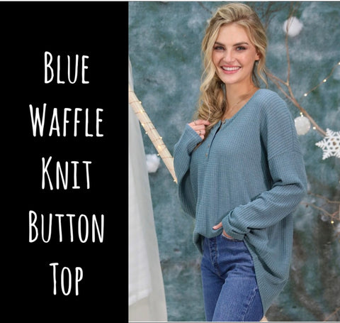Blue Waffle Knit Button Top