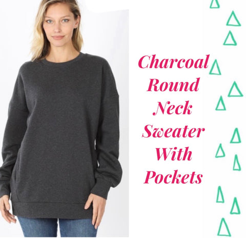 Charcoal Round Neck Sweater with Pockets