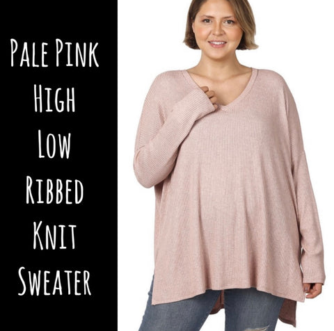 Pale Pink High Low Ribbed Knit Sweater