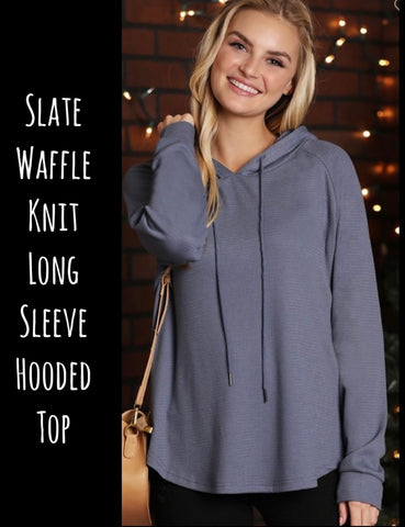 Slate Waffle Knit Long Sleeve Hooded Top M