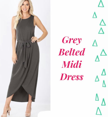 Grey Belted Midi Dress